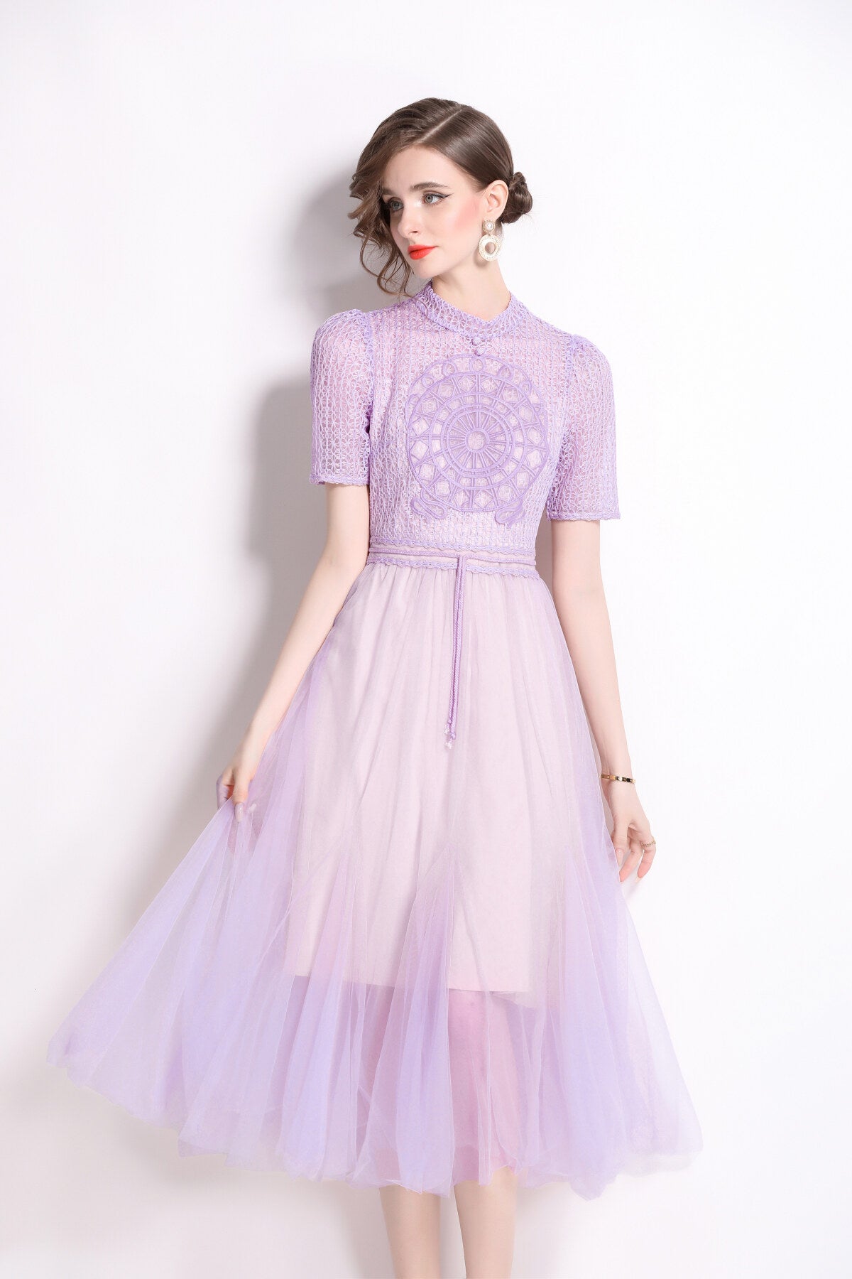 delicate mesh high waisted midi dress all lavender 2