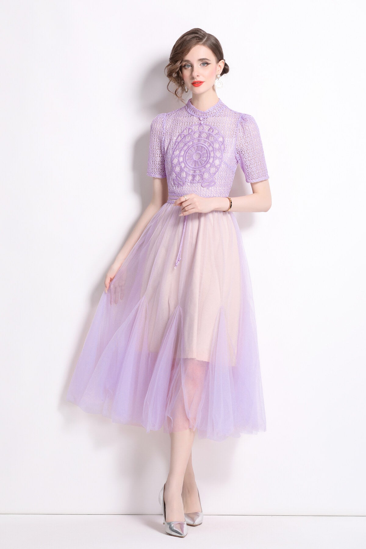 delicate mesh high waisted midi dress all lavender 3