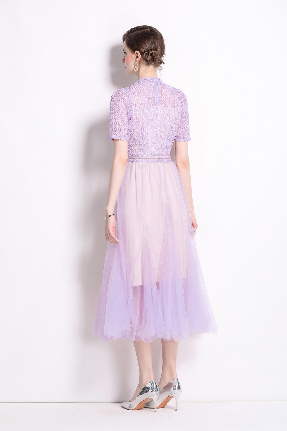 delicate mesh high waisted midi dress all lavender 4