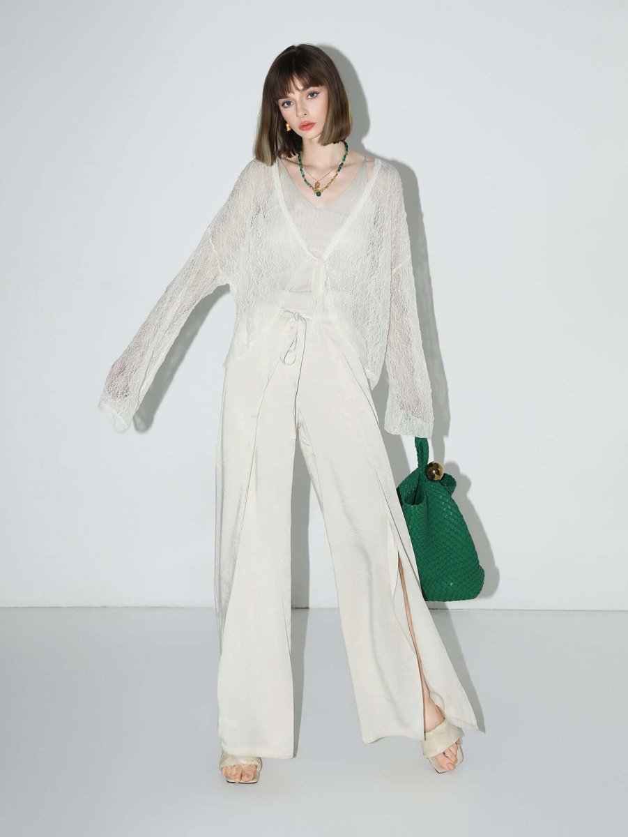 delicate white lace sheer cardigan with bat sleeves all white 2