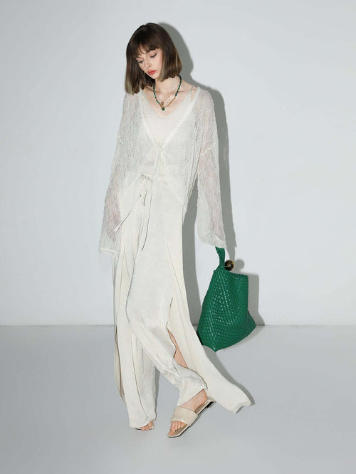 delicate white lace sheer cardigan with bat sleeves all white 1