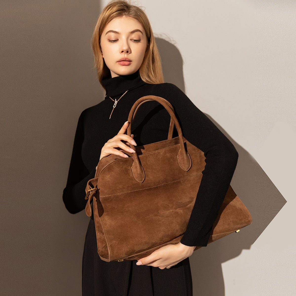 Delta Top Handle Bag – Structured Suede Doctor's Bag with Side Belt Accents
