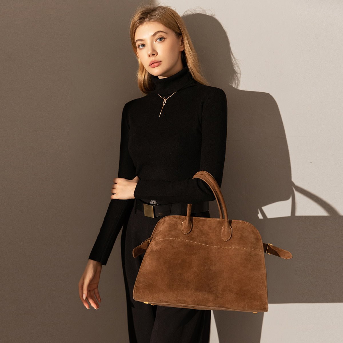 Delta Top Handle Bag – Structured Suede Doctor's Bag with Side Belt Accents