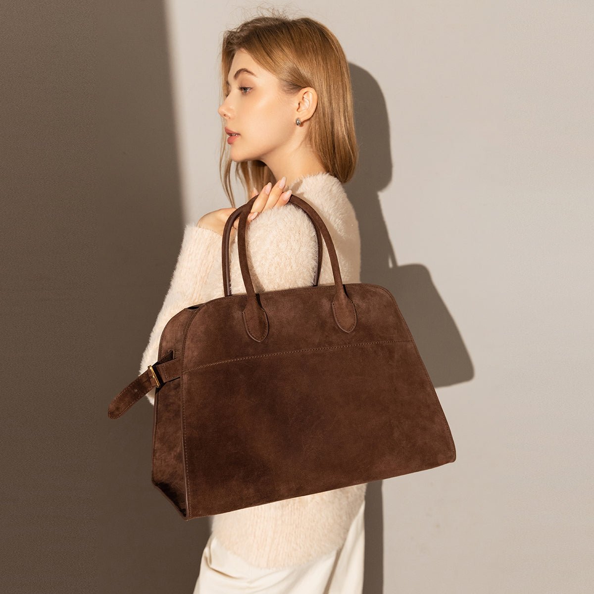 Delta Top Handle Bag – Structured Suede Doctor's Bag with Side Belt Accents