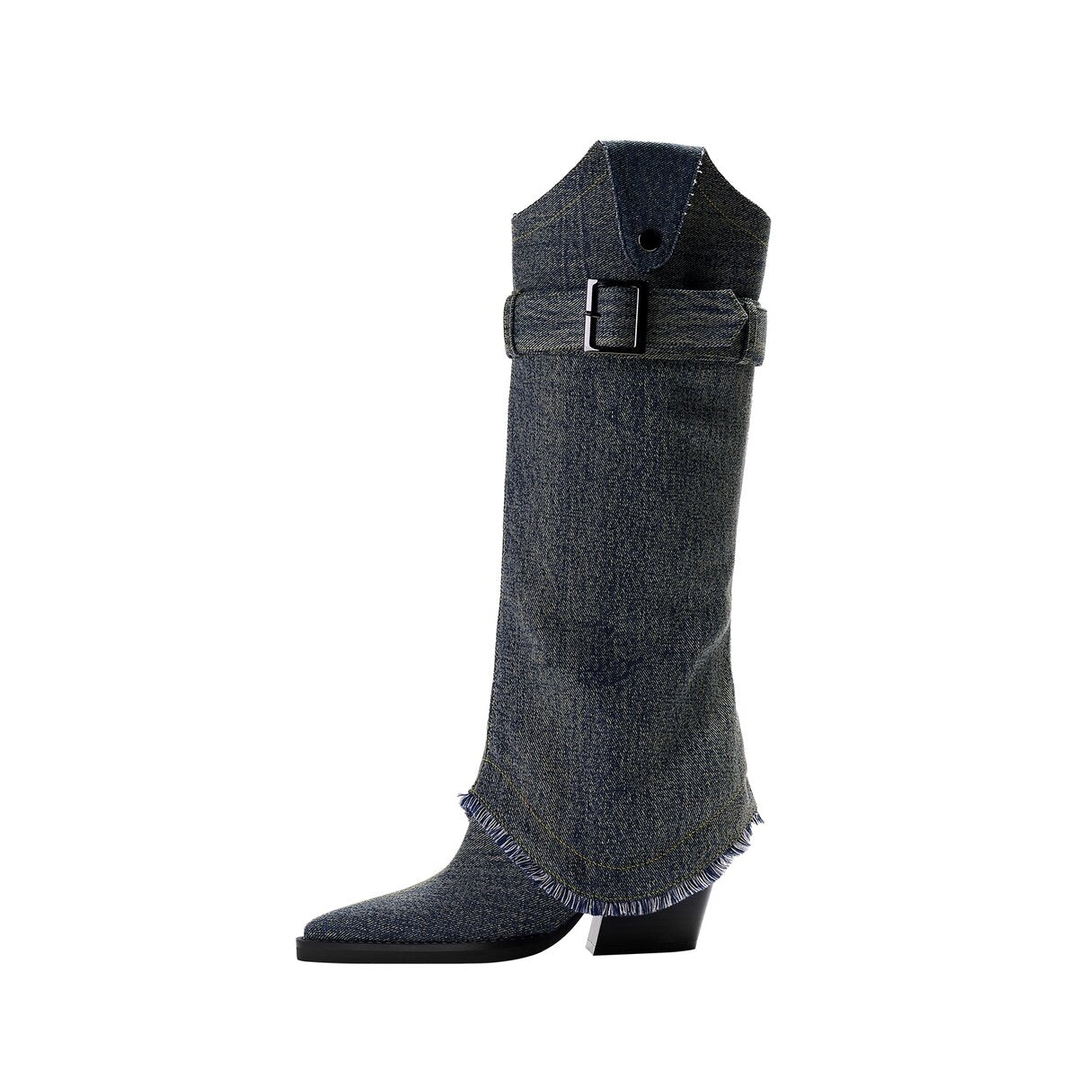 Denim Buckle Foldover Pointed Toe Knee High Boots