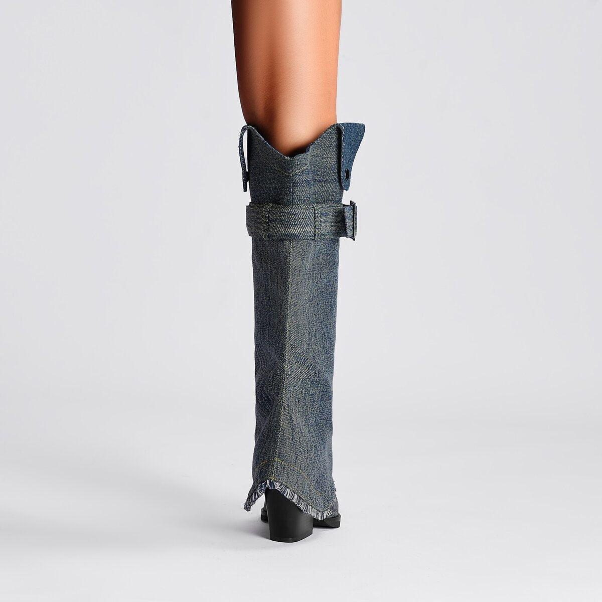 Denim Buckle Foldover Pointed Toe Knee High Boots