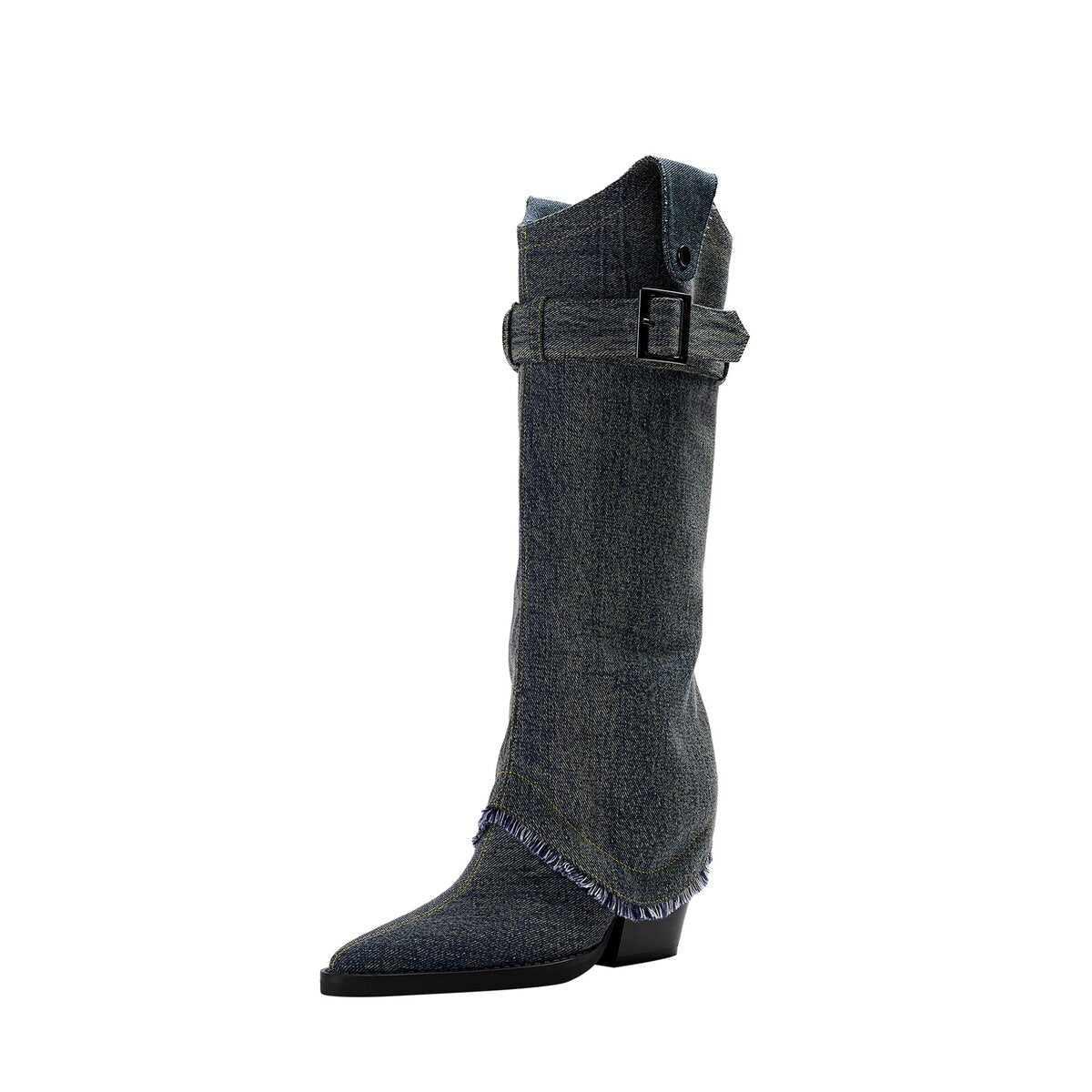 Denim Buckle Foldover Pointed Toe Knee High Boots