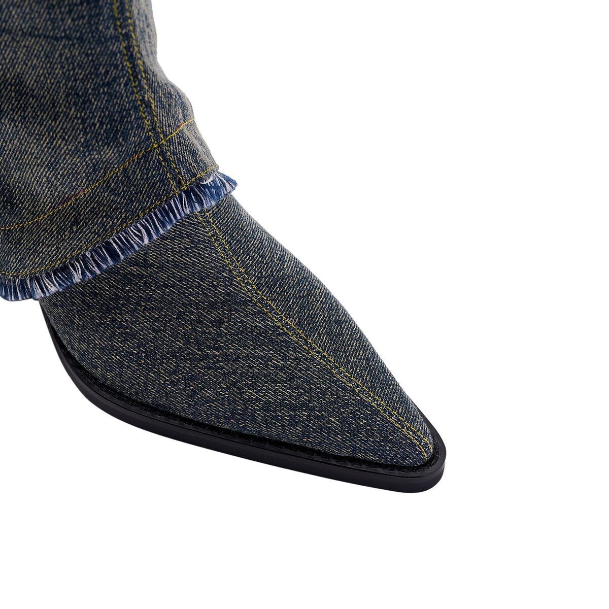 Denim Buckle Foldover Pointed Toe Knee High Boots