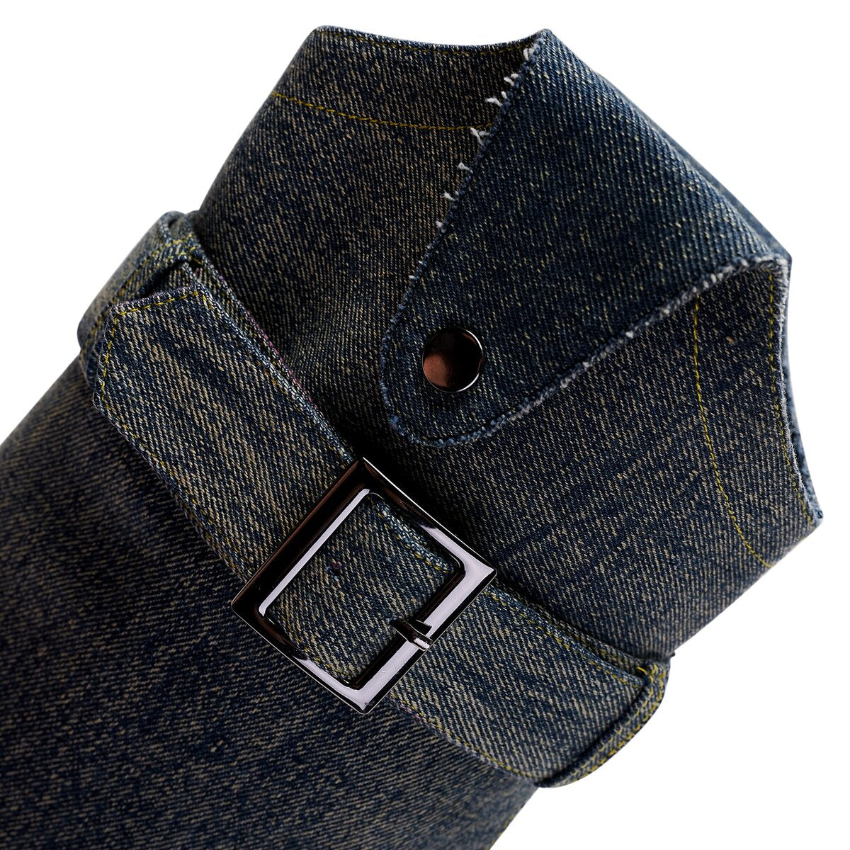 Denim Buckle Foldover Pointed Toe Knee High Boots