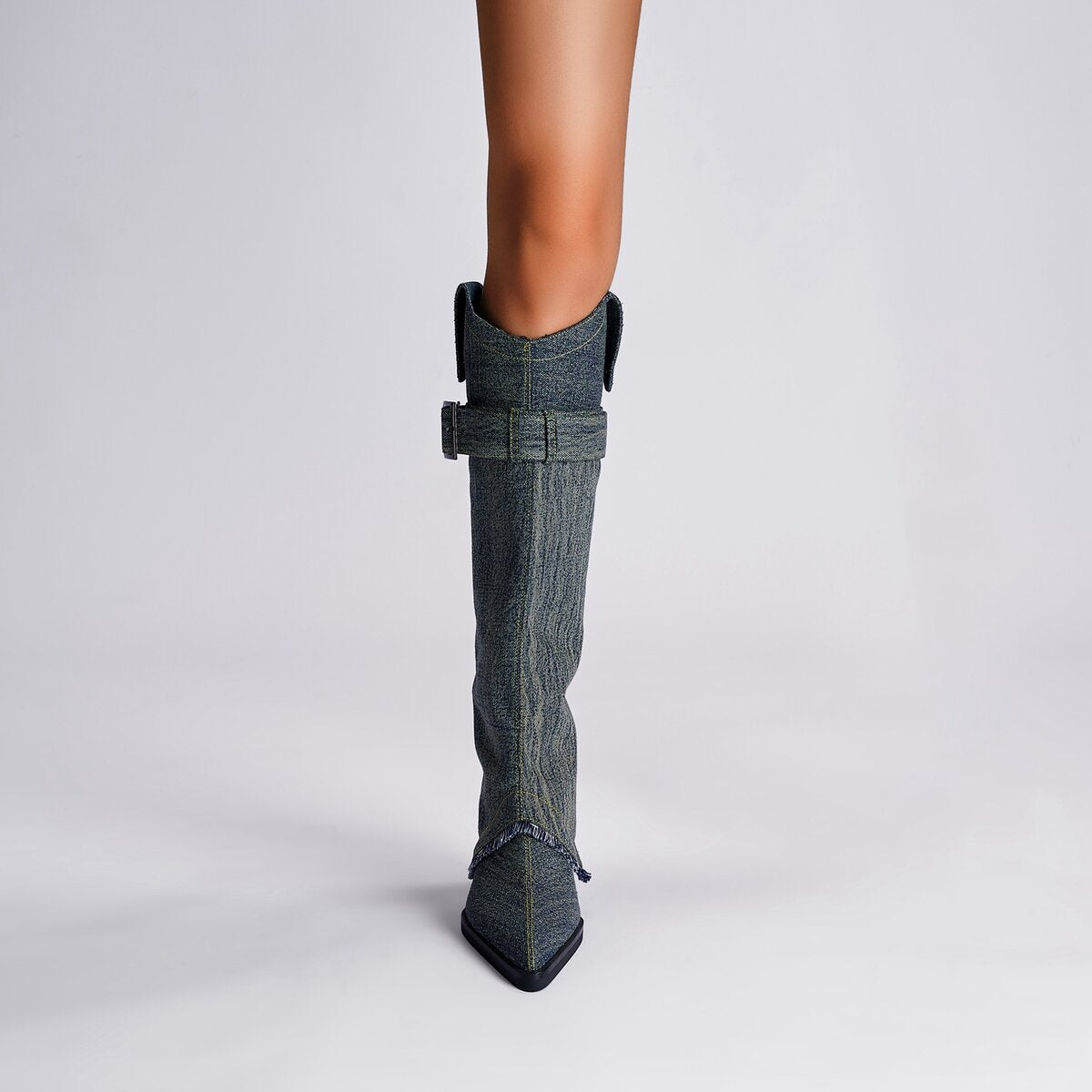 Denim Buckle Foldover Pointed Toe Knee High Boots