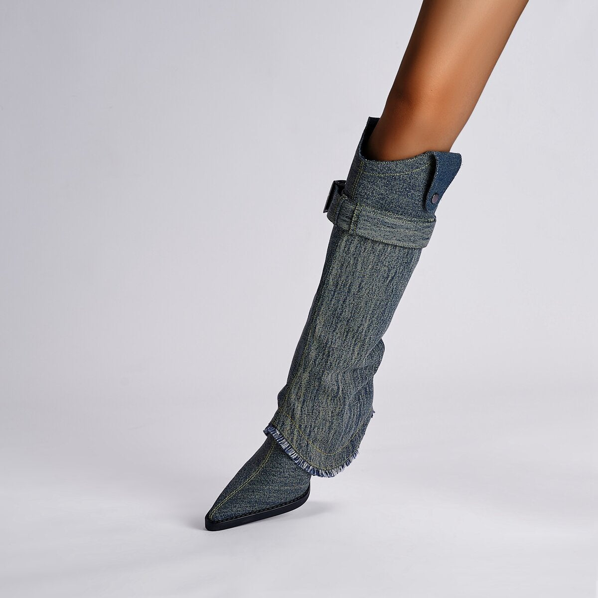 Denim Buckle Foldover Pointed Toe Knee High Boots