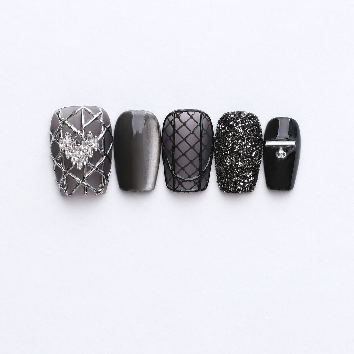 Destined Black Silver 3D Press-On Nails
