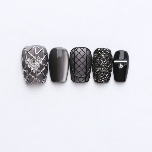 Destined Black Silver 3D Press-On Nails