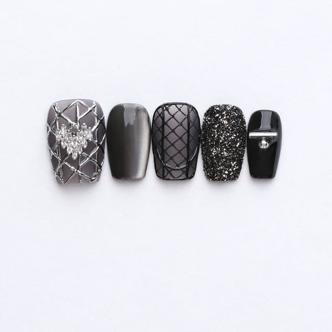 Destined Black Silver 3D Press-On Nails