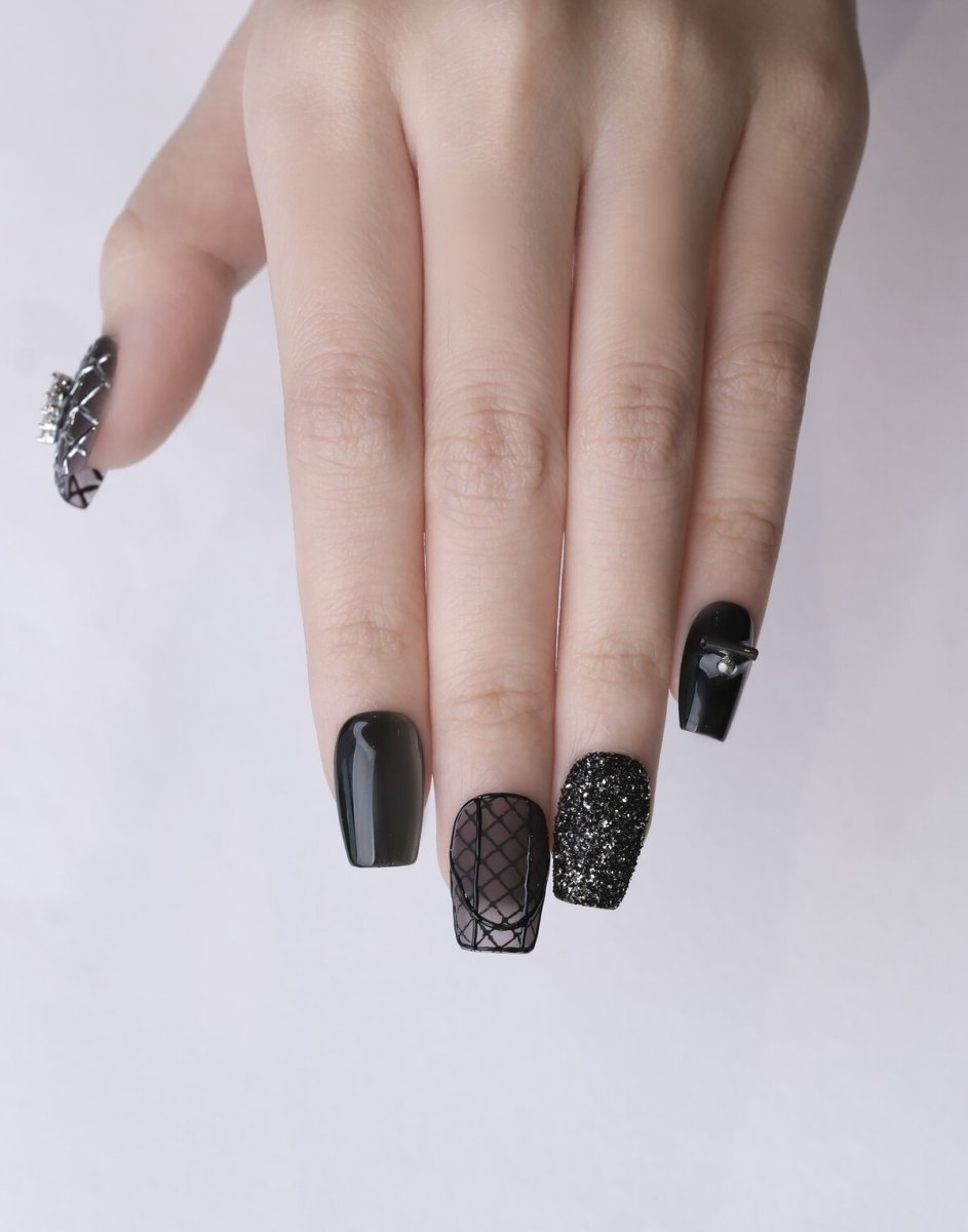 Destined Black Silver 3D Press-On Nails