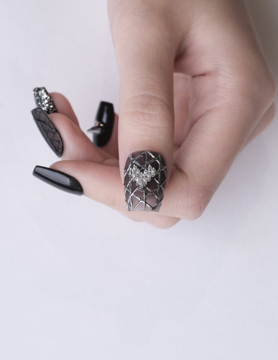 Destined Black Silver 3D Press-On Nails