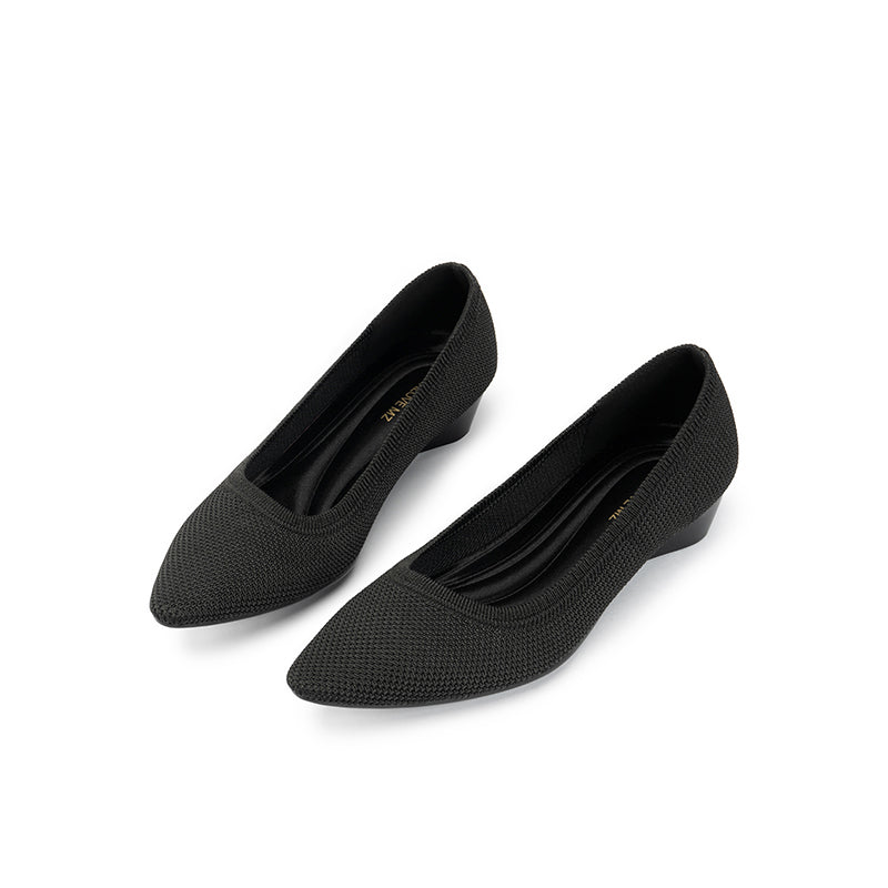 Diagonal Cut Knit Pointed Toe Wedge Flats – Washable Office Slip-Ons