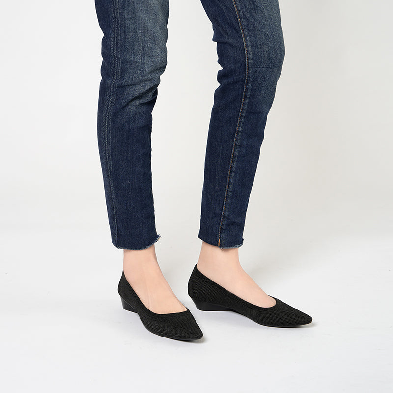 Diagonal Cut Knit Pointed Toe Wedge Flats – Washable Office Slip-Ons