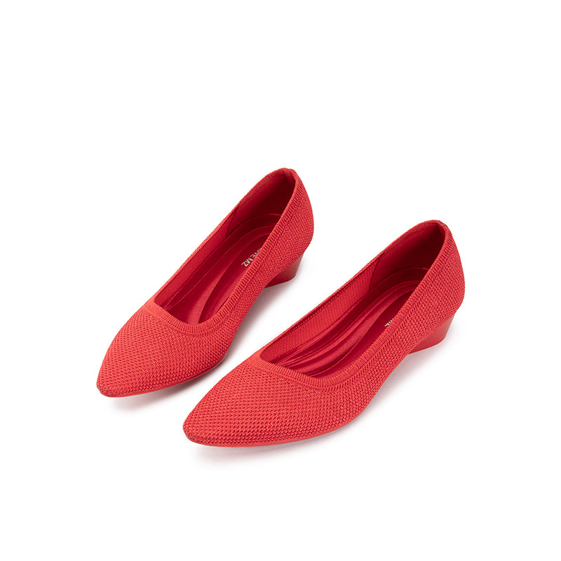 Diagonal Cut Knit Pointed Toe Wedge Flats – Washable Office Slip-Ons