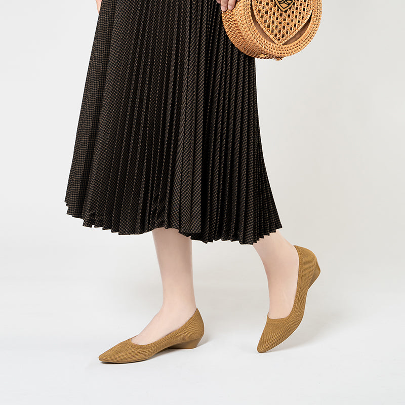 Diagonal Cut Knit Pointed Toe Wedge Flats – Washable Office Slip-Ons