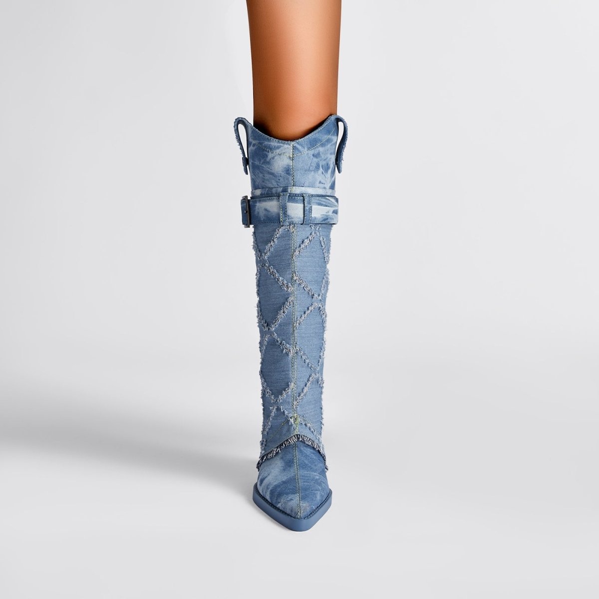 Diamond Denim Blue Knee High Boots - 0cm