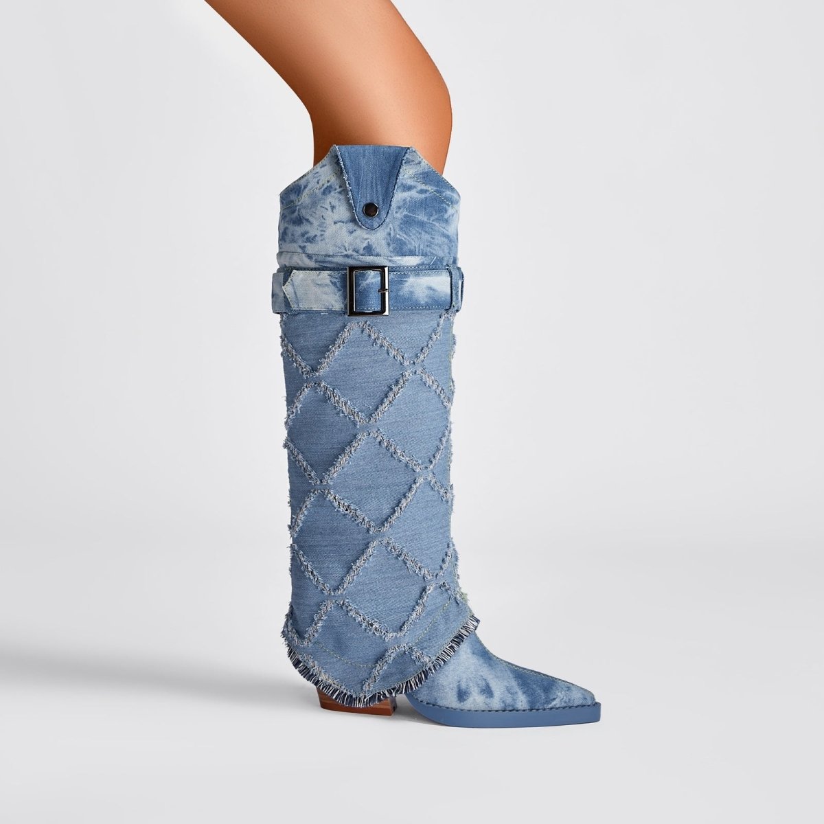 Diamond Denim Blue Knee High Boots - 0cm