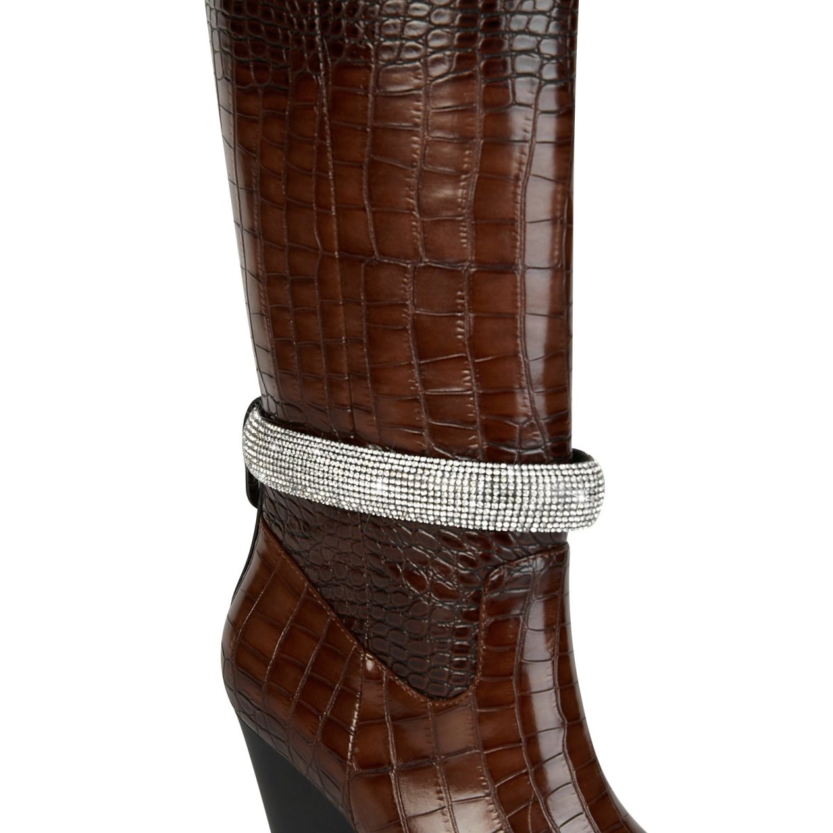 Diamond Encrusted Band Leather Knee High Boots - 0cm