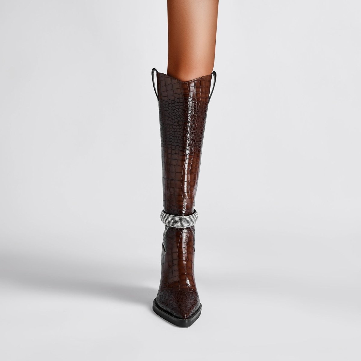 Diamond Encrusted Band Leather Knee High Boots - 0cm