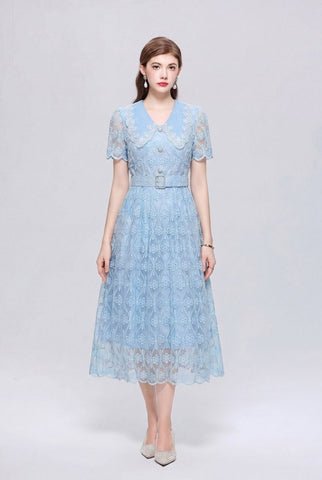 Diamond-Grid Floral Lace Scalloped Collar Midi Dress with Crystal Buttons and Belt