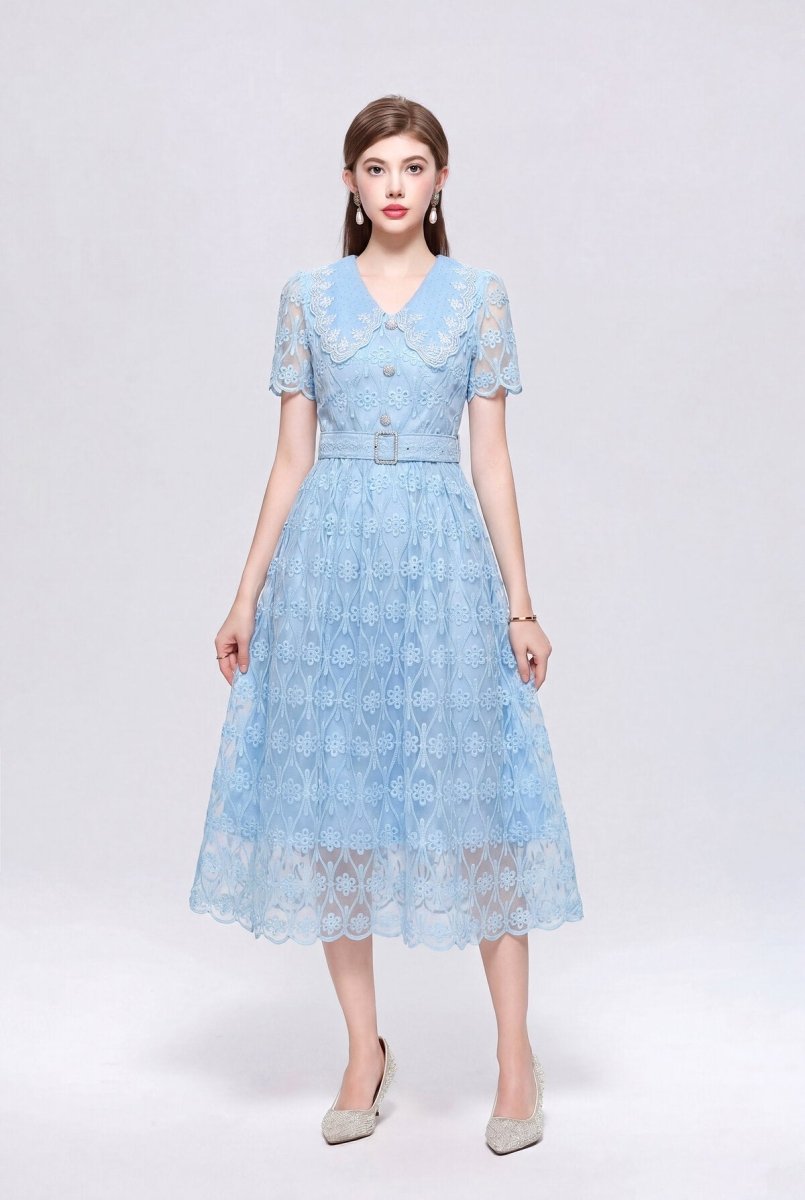 Diamond-Grid Floral Lace Scalloped Collar Midi Dress with Crystal Buttons and Belt
