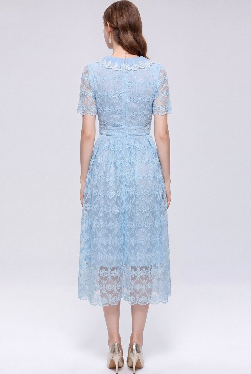 Diamond-Grid Floral Lace Scalloped Collar Midi Dress with Crystal Buttons and Belt
