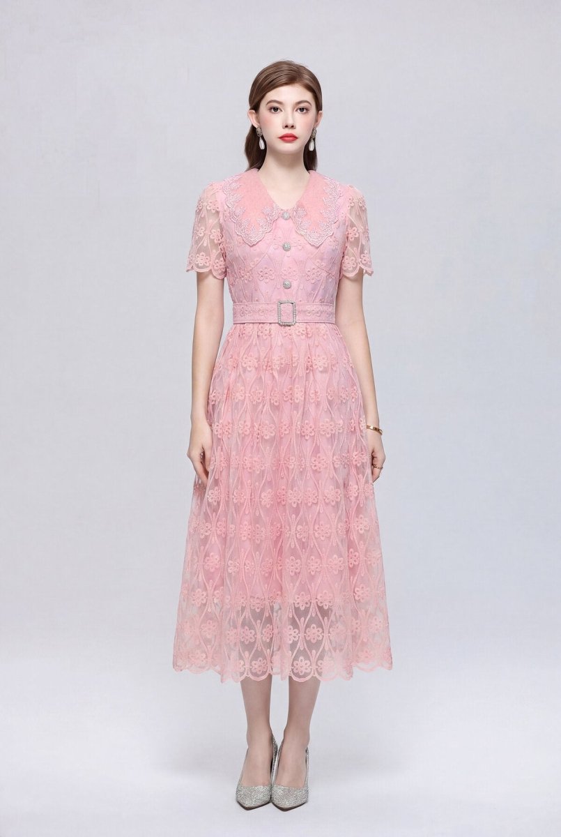Diamond-Grid Floral Lace Scalloped Collar Midi Dress with Crystal Buttons and Belt