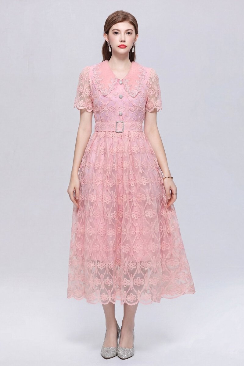 Diamond-Grid Floral Lace Scalloped Collar Midi Dress with Crystal Buttons and Belt