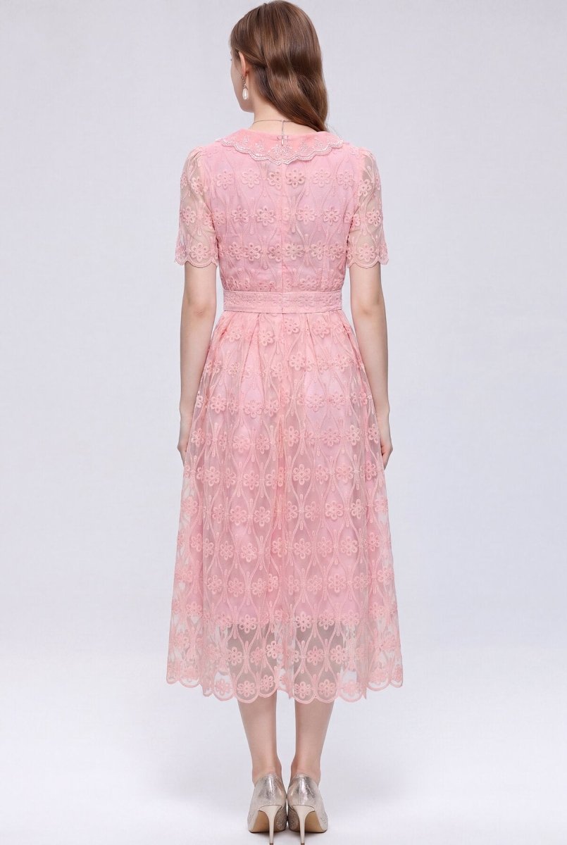 Diamond-Grid Floral Lace Scalloped Collar Midi Dress with Crystal Buttons and Belt