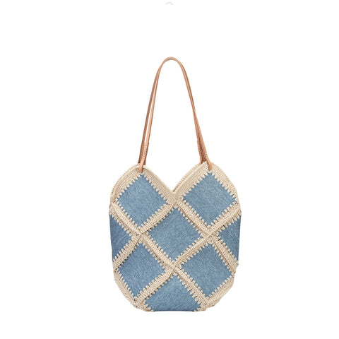 Diamond Patchwork Denim-Look Cowhide Leather Tote