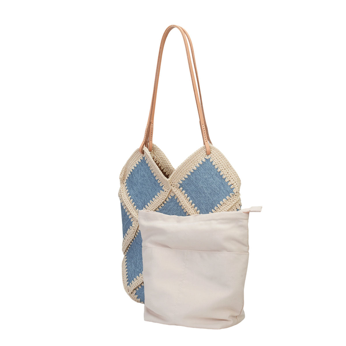 Diamond Patchwork Denim-Look Cowhide Leather Tote