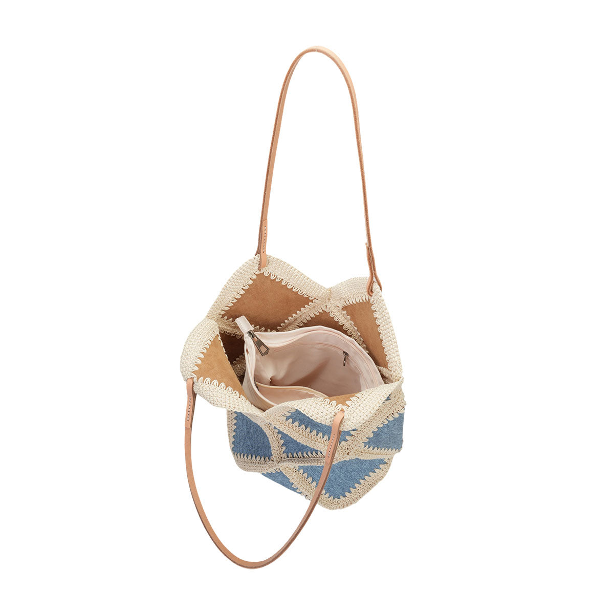 Diamond Patchwork Denim-Look Cowhide Leather Tote