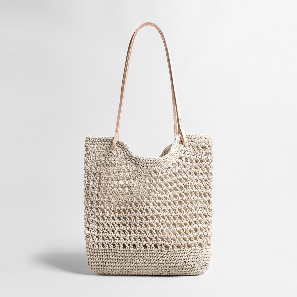 Diamond Pointelle Woven Tote Bag – Chunky Cotton Rope Beach Bag with Leather Handles