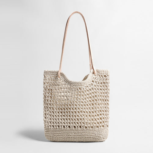 Diamond Pointelle Woven Tote Bag – Chunky Cotton Rope Beach Bag with Leather Handles