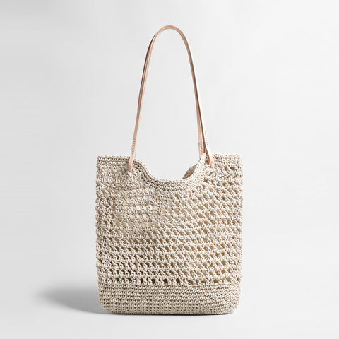 Diamond Pointelle Woven Tote Bag – Chunky Cotton Rope Beach Bag with Leather Handles