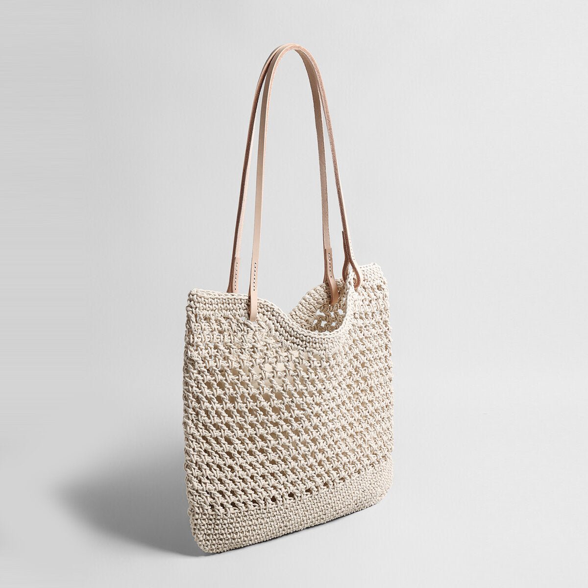 Diamond Pointelle Woven Tote Bag – Chunky Cotton Rope Beach Bag with Leather Handles