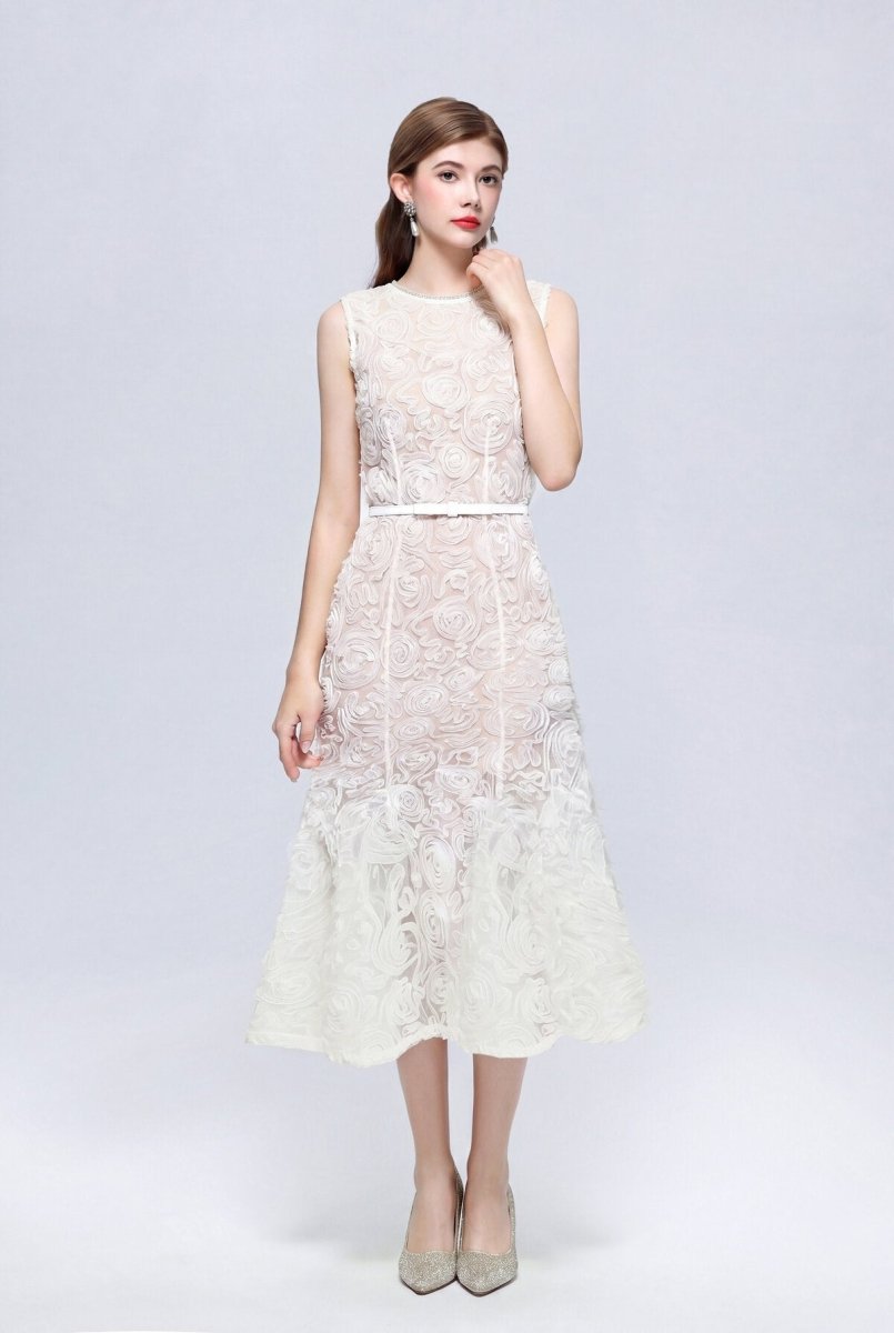 Dimensional Rosette Lace Crystal-Neckline Sleeveless Midi Dress with Tie Belt