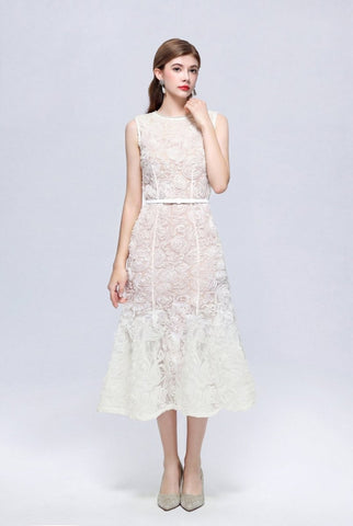 Dimensional Rosette Lace Crystal-Neckline Sleeveless Midi Dress with Tie Belt
