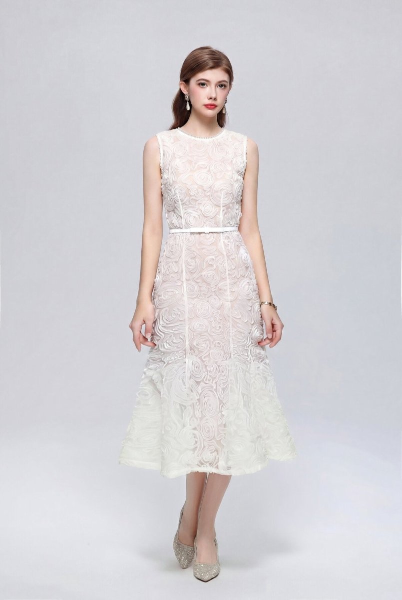 Dimensional Rosette Lace Crystal-Neckline Sleeveless Midi Dress with Tie Belt