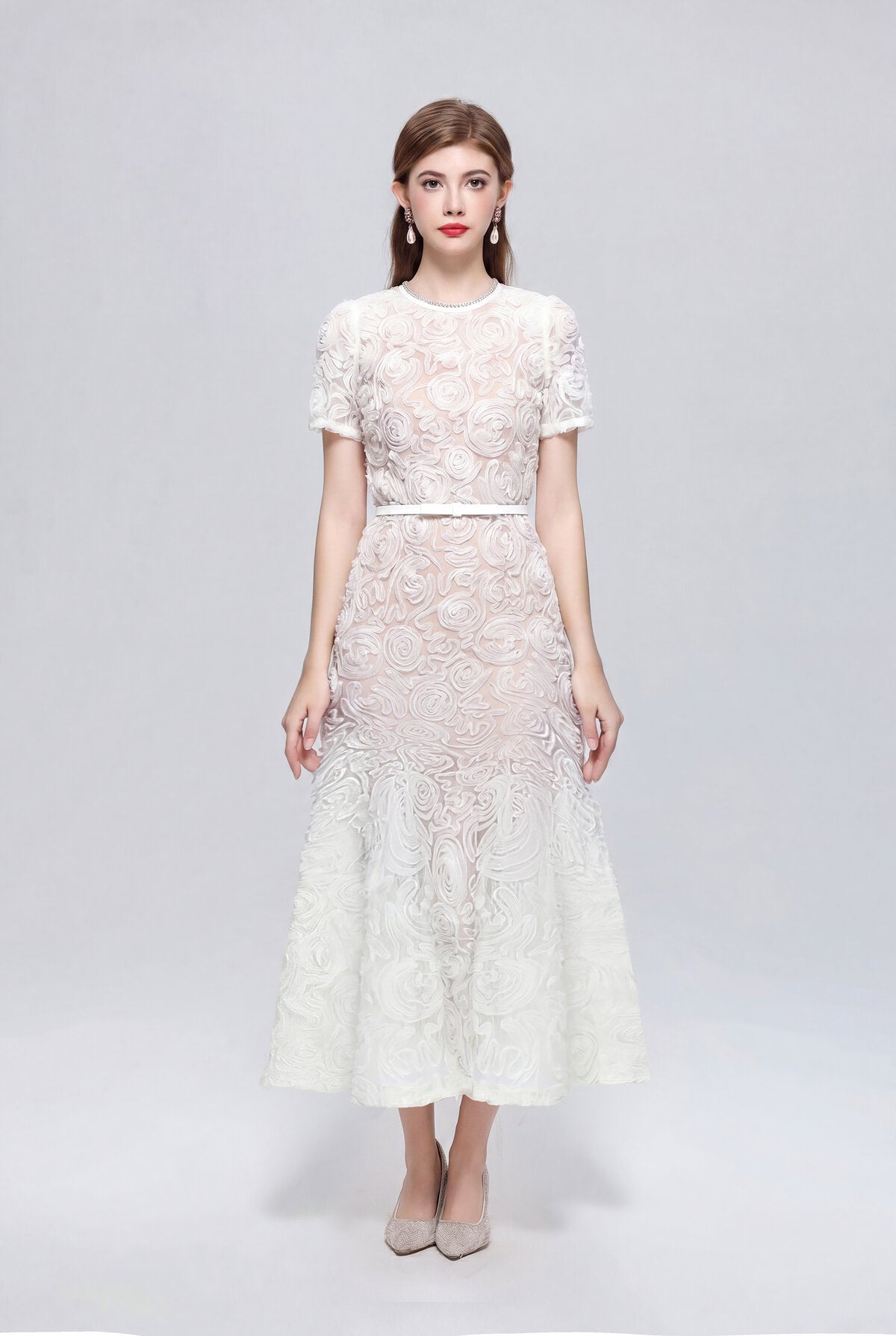 Dimensional Rosette Lace Crystal-Neckline Midi Dress with Short Sleeves and Tie Belt