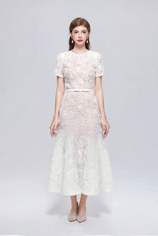 Dimensional Rosette Lace Crystal-Neckline Midi Dress with Short Sleeves and Tie Belt