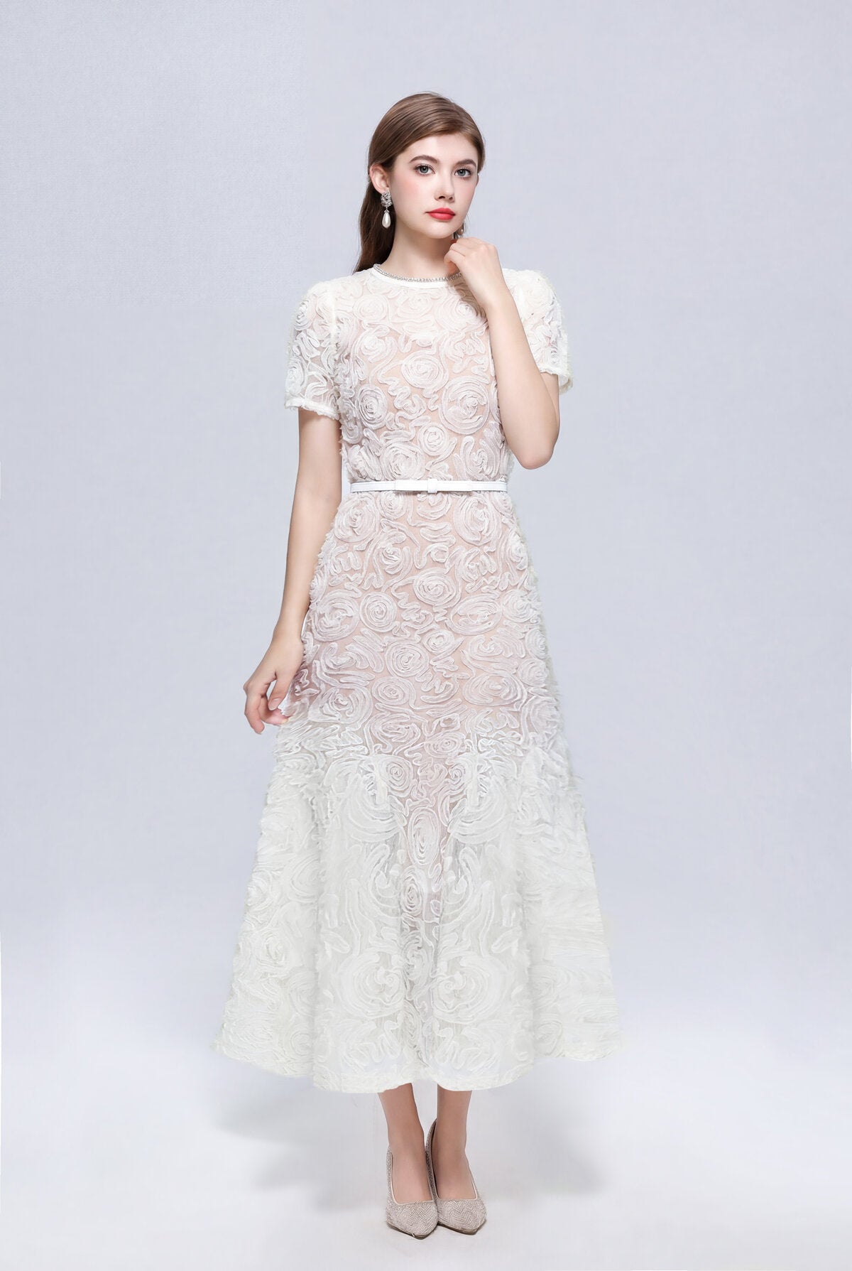 Dimensional Rosette Lace Crystal-Neckline Midi Dress with Short Sleeves and Tie Belt