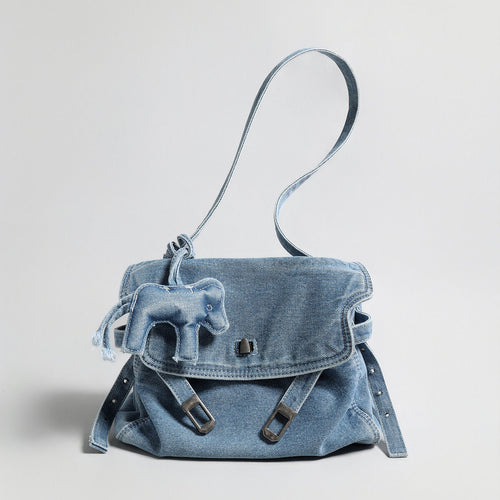 Distressed Denim Flap Crossbody – Elephant Charm Shoulder Bag with Buckle Details