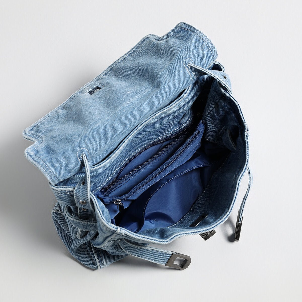 Distressed Denim Flap Crossbody – Elephant Charm Shoulder Bag with Buckle Details
