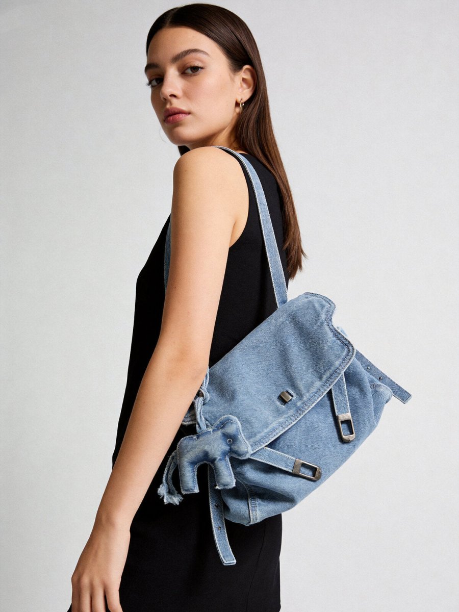 Distressed Denim Flap Crossbody – Elephant Charm Shoulder Bag with Buckle Details